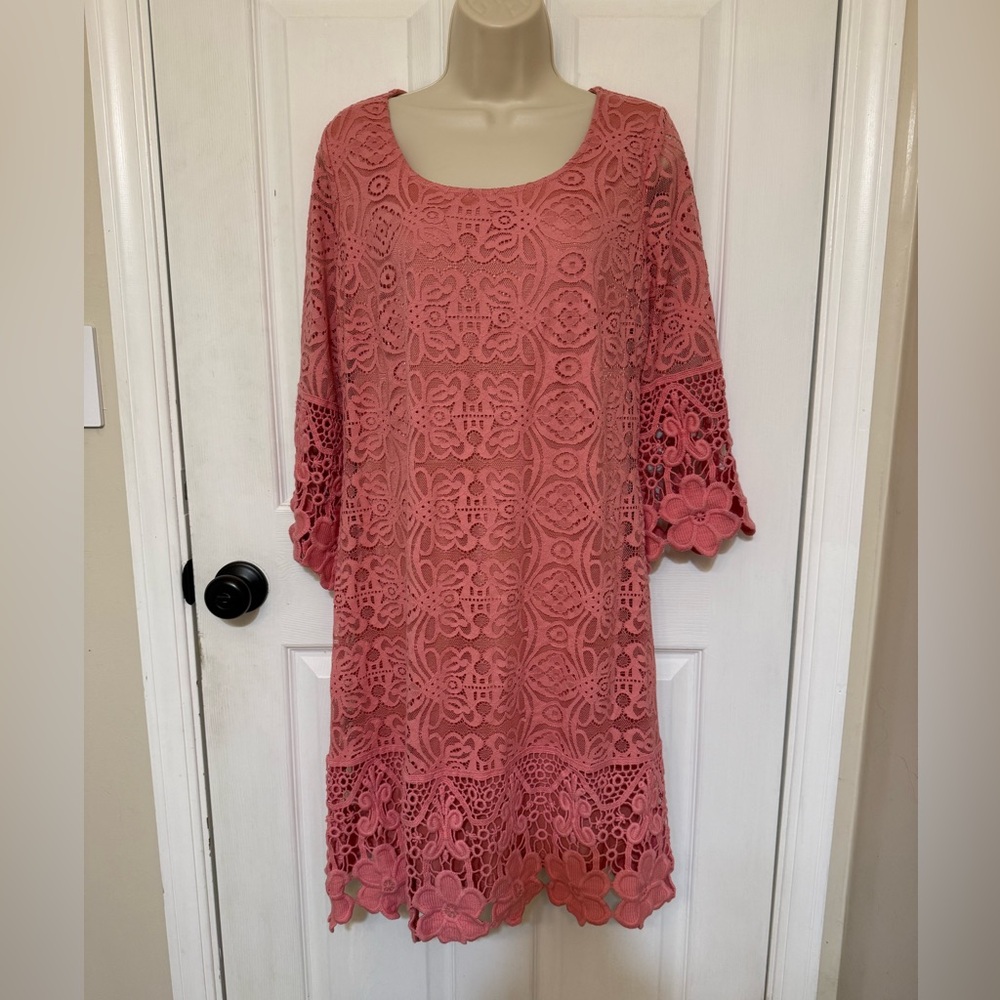 NWT Alfani Blush Pink Floral Lace Midi Dress Bell Sleeve Medium - Picture 3 of 8